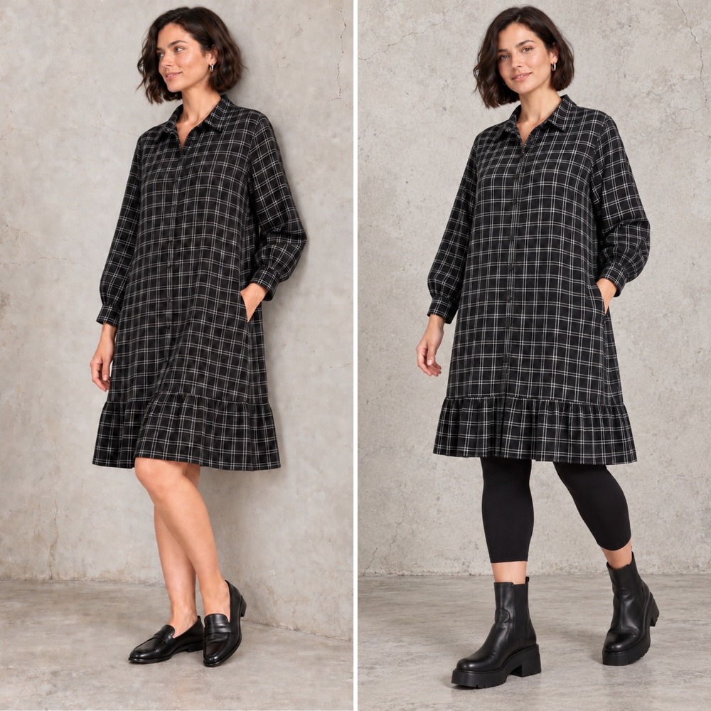 ABLE Shirt Dress 3X Black White Windowpane Plaid Ruffle Hem Pockets
